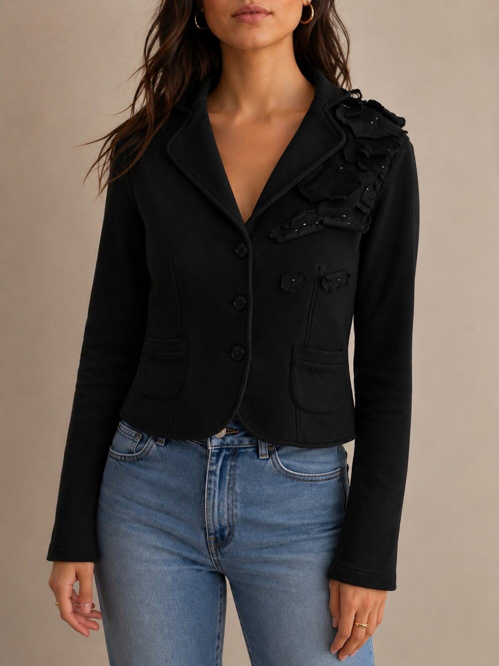 Love Moschino Cropped Blazer Womens 4 Black 3D Floral Applique Knit Fitted Y2K